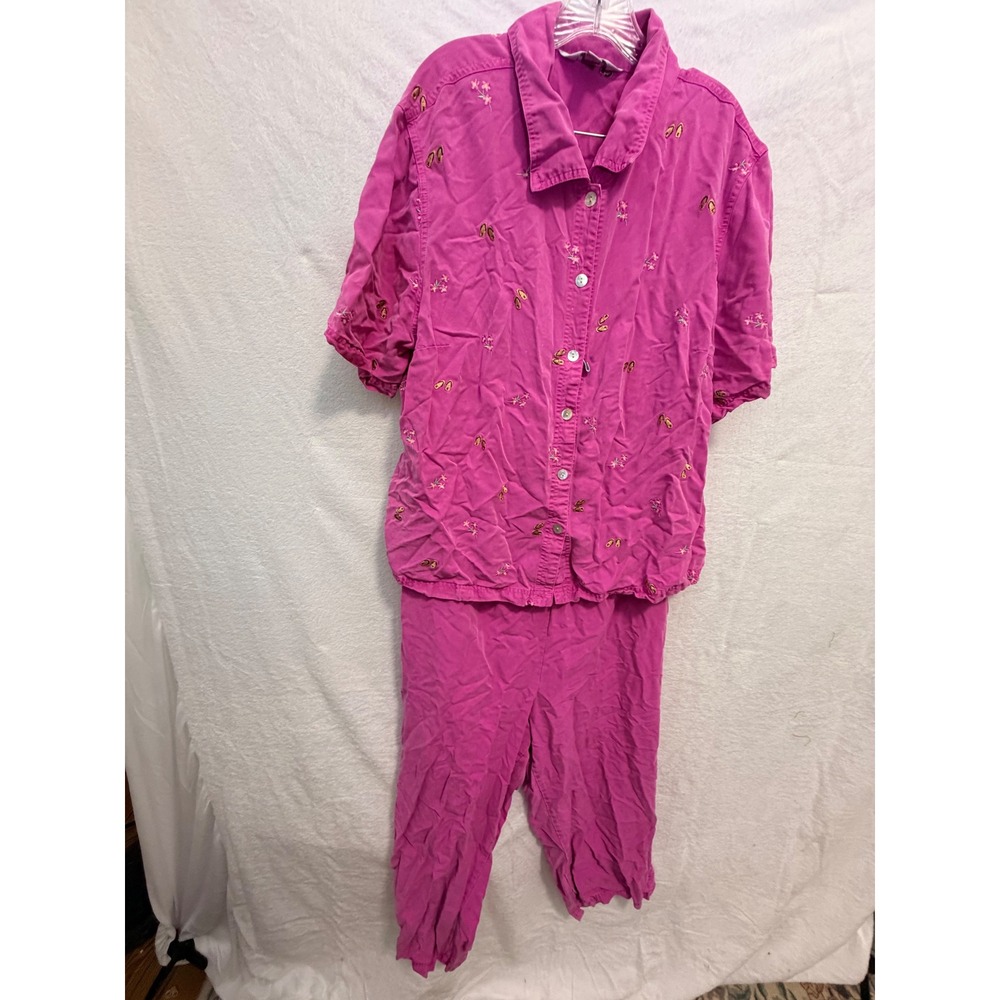 AKS Amy K Su Pink Embroidered Flip Flop Shirt and Pants Set Womens 2X